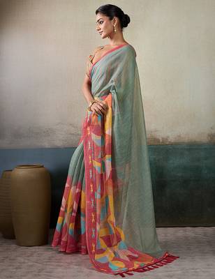 Printed floral ethnic motifs linen digital saree with blouse piece 2