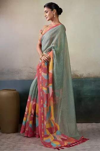 Printed floral ethnic motifs linen digital saree with blouse piece
