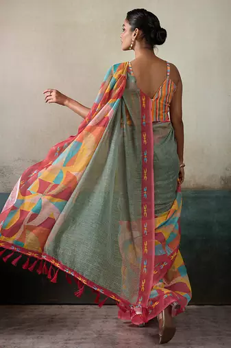 Printed floral ethnic motifs linen digital saree with blouse piece