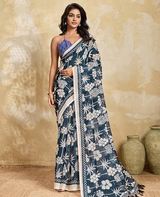 Printed floral ethnic motifs linen digital saree with blouse piece 1