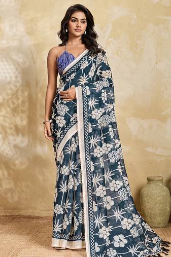 Printed floral ethnic motifs linen digital saree with blouse piece