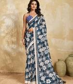 Printed floral ethnic motifs linen digital saree with blouse piece