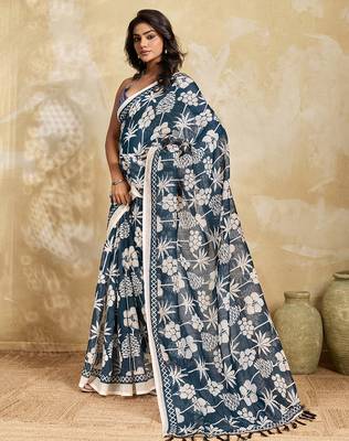 Printed floral ethnic motifs linen digital saree with blouse piece 2