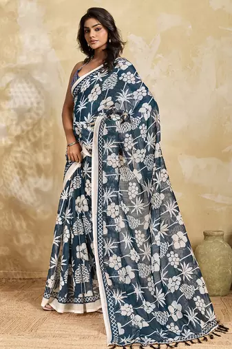 Printed floral ethnic motifs linen digital saree with blouse piece