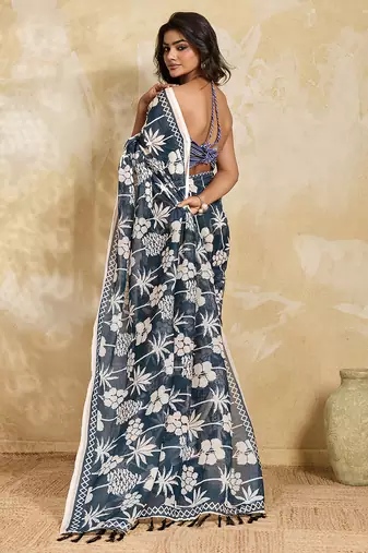 Printed floral ethnic motifs linen digital saree with blouse piece
