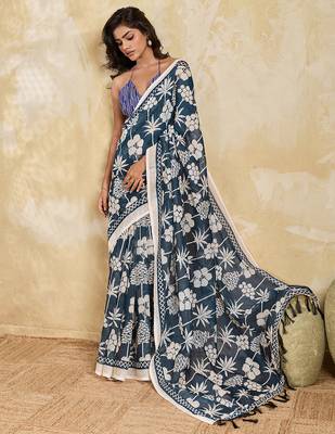 Printed floral ethnic motifs linen digital saree with blouse piece 4