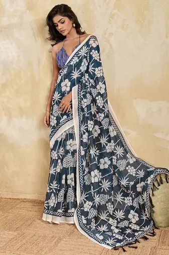 Printed floral ethnic motifs linen digital saree with blouse piece