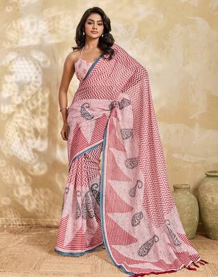 Printed floral ethnic motifs linen digital saree with blouse piece 1