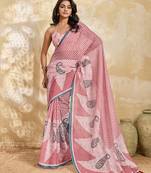 Printed floral ethnic motifs linen digital saree with blouse piece
