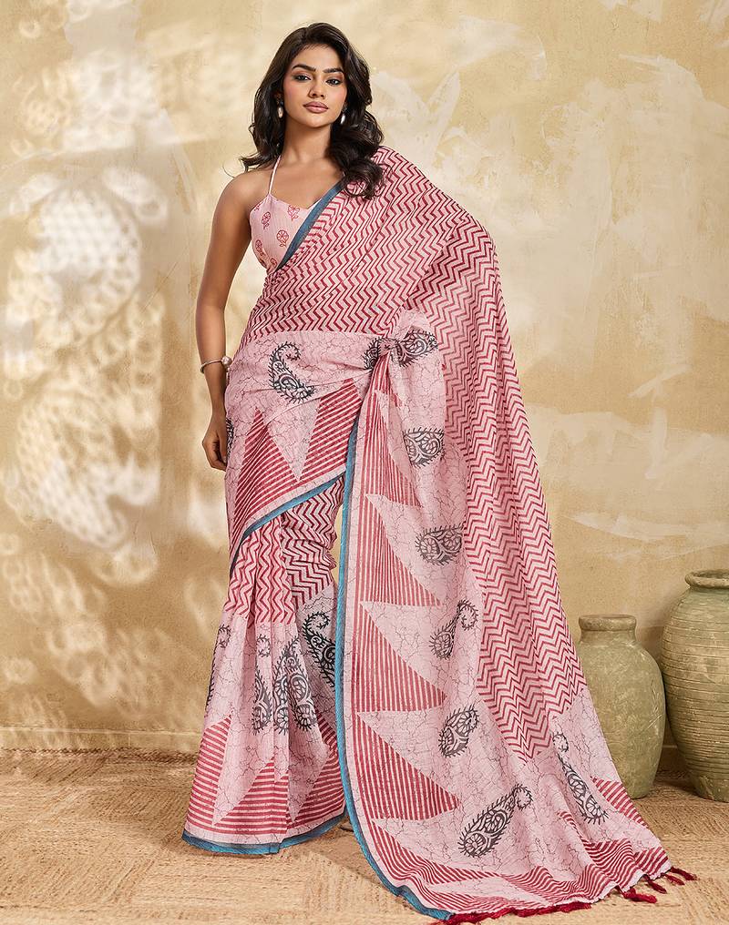 Printed floral ethnic motifs linen digital saree with blouse piece