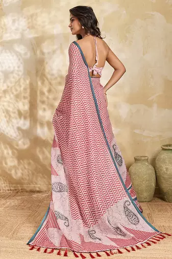 Printed floral ethnic motifs linen digital saree with blouse piece
