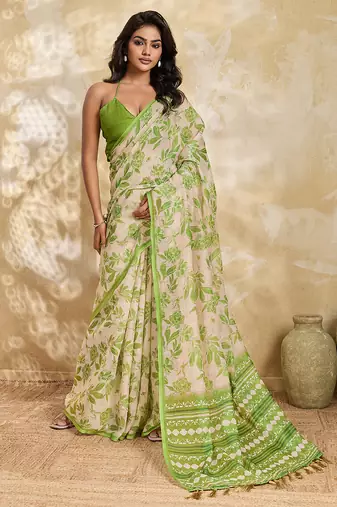 Printed floral ethnic motifs linen digital saree with blouse piece