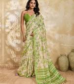 Printed floral ethnic motifs linen digital saree with blouse piece