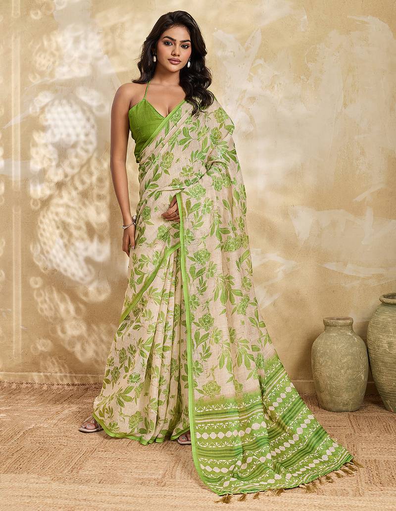 Printed floral ethnic motifs linen digital saree with blouse piece