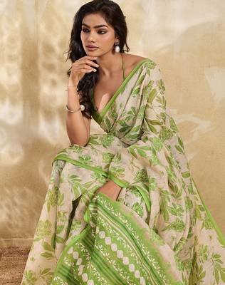 Printed floral ethnic motifs linen digital saree with blouse piece 5