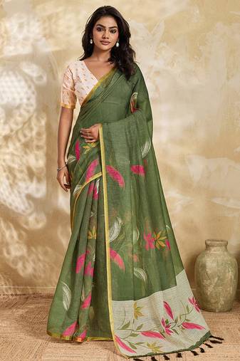 Printed floral ethnic motifs linen digital saree with blouse piece
