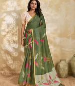Printed floral ethnic motifs linen digital saree with blouse piece