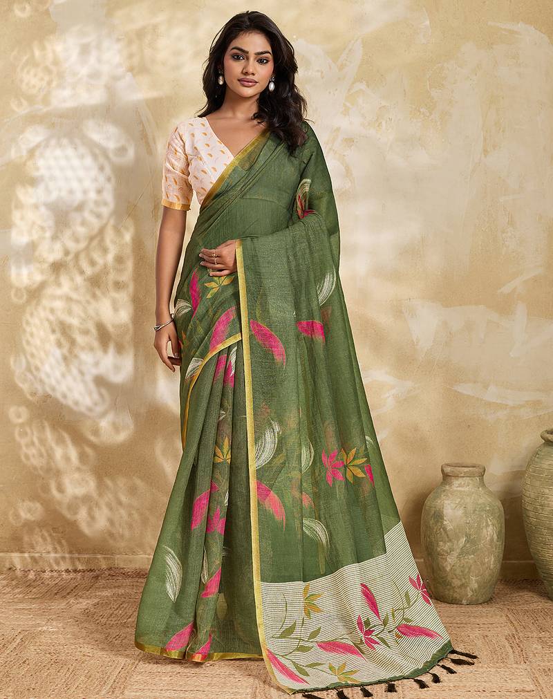 Printed floral ethnic motifs linen digital saree with blouse piece