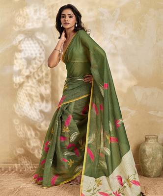 Printed floral ethnic motifs linen digital saree with blouse piece 2