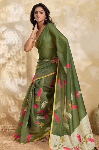 Printed floral ethnic motifs linen digital saree with blouse piece