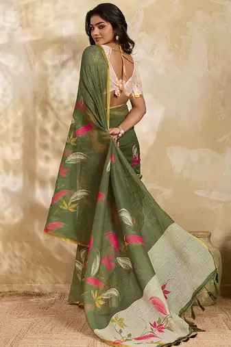 Printed floral ethnic motifs linen digital saree with blouse piece