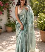 Printed floral ethnic motifs linen digital saree with blouse piece