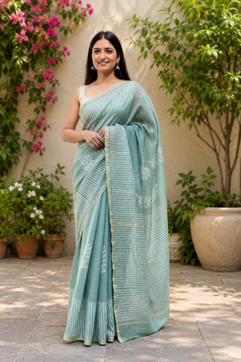 Printed floral ethnic motifs linen digital saree with blouse piece 2