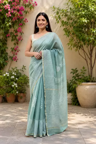 Printed floral ethnic motifs linen digital saree with blouse piece