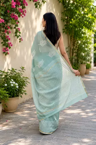Printed floral ethnic motifs linen digital saree with blouse piece