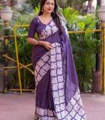 Printed floral ethnic motifs linen digital saree with blouse piece