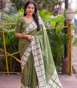 Printed floral ethnic motifs linen digital saree with blouse piece