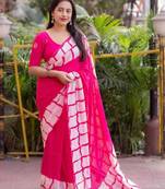 Printed floral ethnic motifs linen digital saree with blouse piece