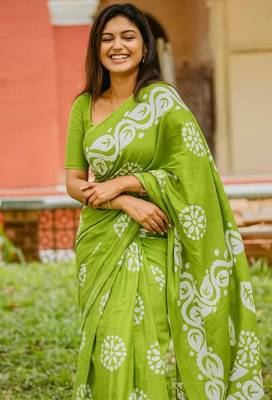 Printed floral ethnic motifs linen digital saree with blouse piece 1