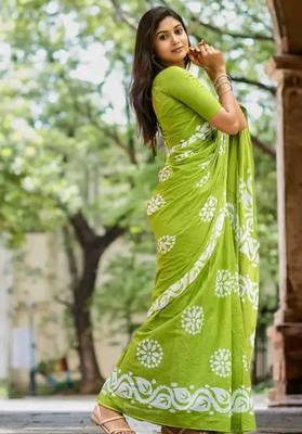 Printed floral ethnic motifs linen digital saree with blouse piece 3