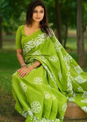 Printed floral ethnic motifs linen digital saree with blouse piece 4