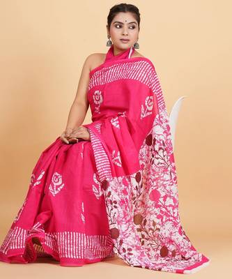 Printed floral ethnic motifs linen digital saree with blouse piece 1