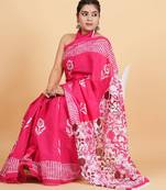 Printed floral ethnic motifs linen digital saree with blouse piece