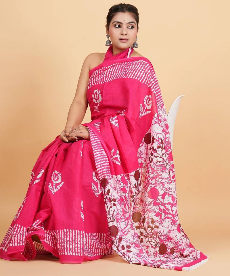 Printed floral ethnic motifs linen digital saree with blouse piece