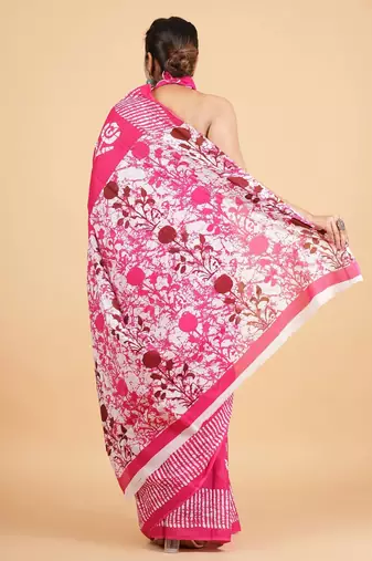 Printed floral ethnic motifs linen digital saree with blouse piece