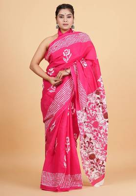 Printed floral ethnic motifs linen digital saree with blouse piece 3