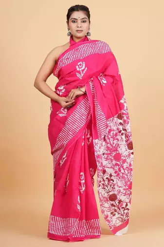 Printed floral ethnic motifs linen digital saree with blouse piece