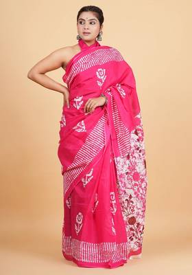Printed floral ethnic motifs linen digital saree with blouse piece 4