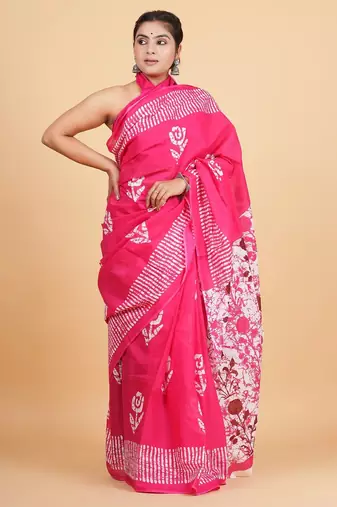 Printed floral ethnic motifs linen digital saree with blouse piece