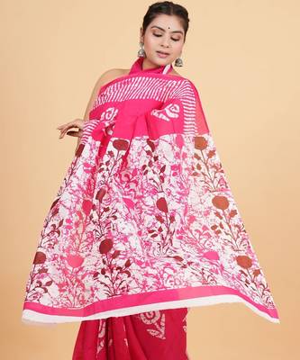 Printed floral ethnic motifs linen digital saree with blouse piece 5