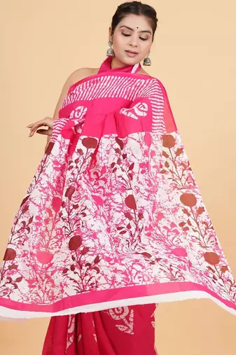 Printed floral ethnic motifs linen digital saree with blouse piece