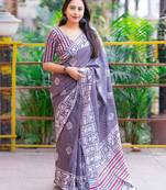 Printed floral ethnic motifs linen digital saree with blouse piece