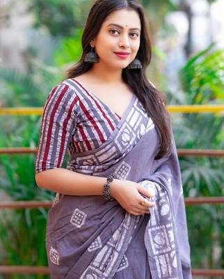 Printed floral ethnic motifs linen digital saree with blouse piece 2