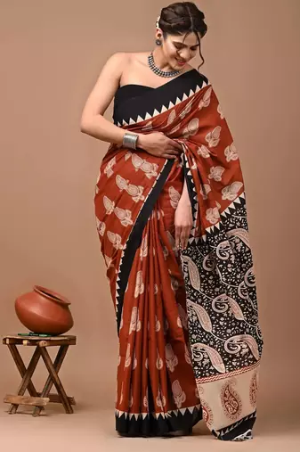 Printed floral ethnic motifs linen digital saree with blouse piece