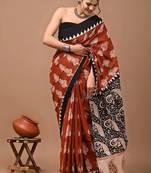 Printed floral ethnic motifs linen digital saree with blouse piece