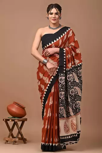 Printed floral ethnic motifs linen digital saree with blouse piece